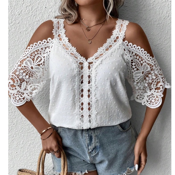 Boho Swiss Dot Lace Cold Shoulder Blouse - Picture 1 of 5